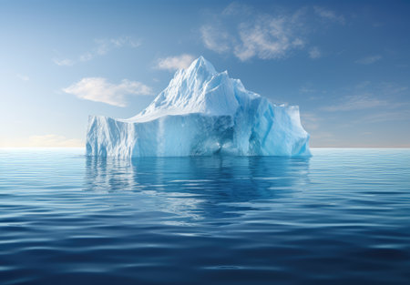 an iceberg floating along with water under a sunの素材