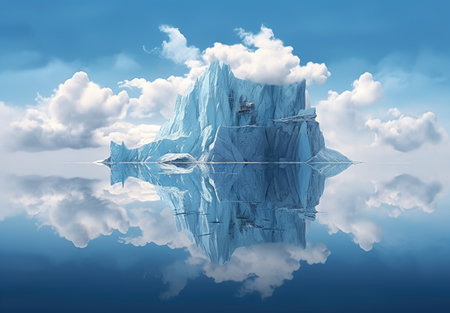 an iceberg floating along with water under a sunの素材