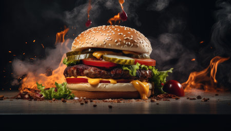 large hamburger and fries on the tableの素材
