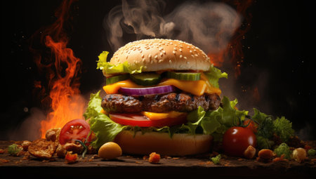 large hamburger and fries on the tableの素材