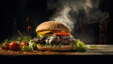 large hamburger and fries on the tableの素材