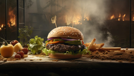 large hamburger and fries on the tableの素材