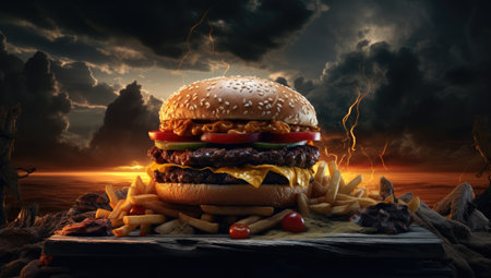 large hamburger and fries on the tableの素材