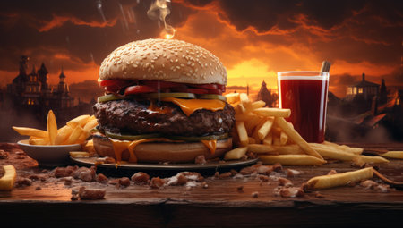 large hamburger and fries on the tableの素材
