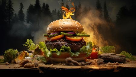 large hamburger and fries on the tableの素材