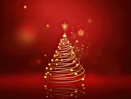 christmas tree gold on red backgroundの素材