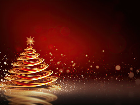 christmas tree gold on red backgroundの素材