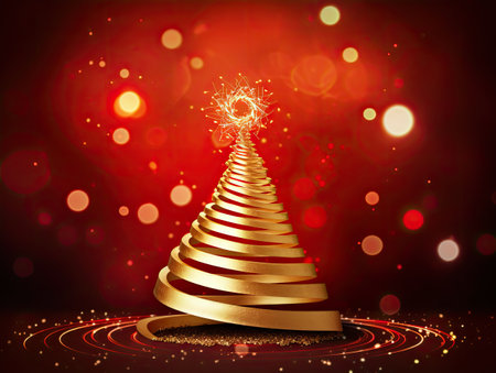 christmas tree gold on red backgroundの素材