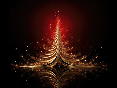 christmas tree gold on red backgroundの素材