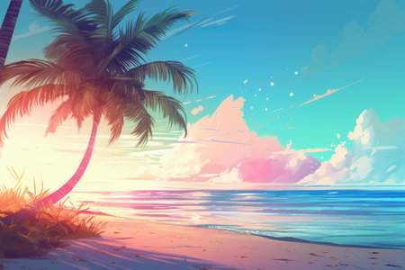 the sun is shining and there is a sandy beach with palmの素材