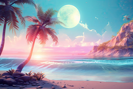 the sun is shining and there is a sandy beach with palmの素材