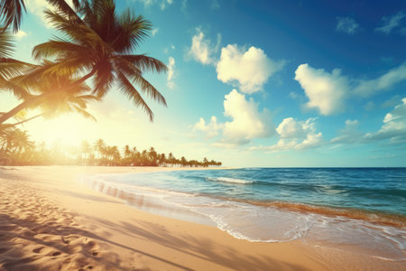 the sun is shining and there is a sandy beach with palmの素材