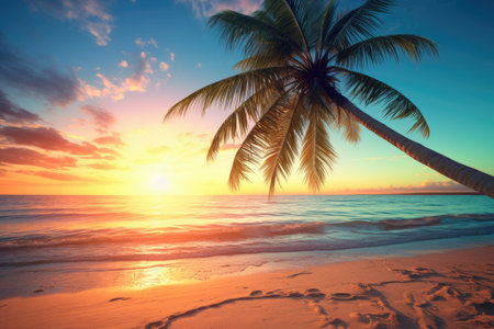 the sun is shining and there is a sandy beach with palmの素材