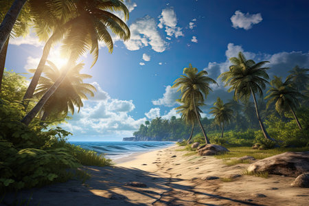 the sun is shining and there is a sandy beach with palmの素材