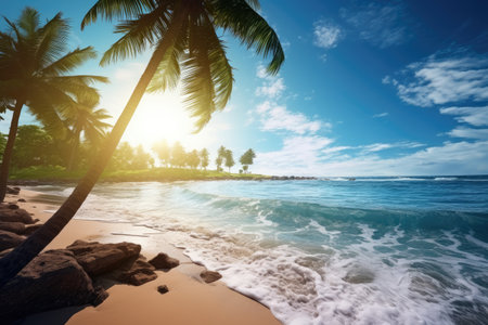 the sun is shining and there is a sandy beach with palmの素材