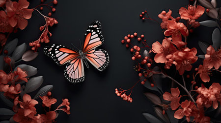 butterfly on a dark background with flowersの素材