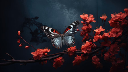 butterfly on a dark background with flowersの素材