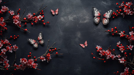 butterfly on a dark background with flowersの素材