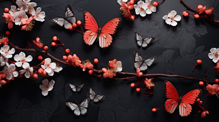 butterfly on a dark background with flowersの素材