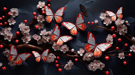 butterfly on a dark background with flowersの素材
