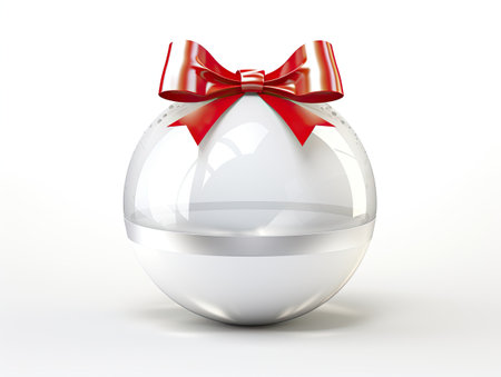 White round isolated Christmas ball with red satin bow.の素材