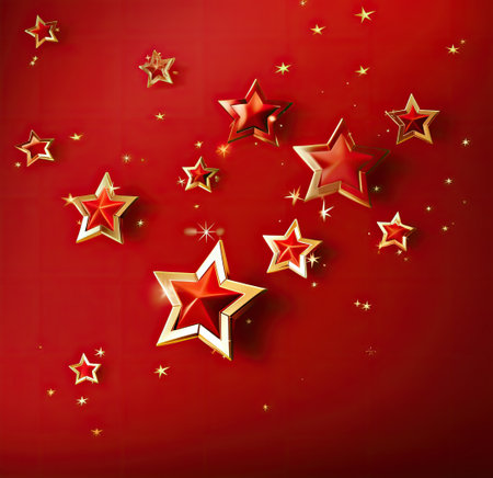 golden stars floating on a red backgroundの素材
