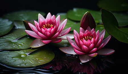 white flowers in water on dark backgroundの素材