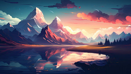 mountains and trees and waterの素材
