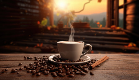 coffee mug beautiful steam with coffee beansの素材