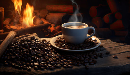 coffee mug beautiful steam with coffee beansの素材