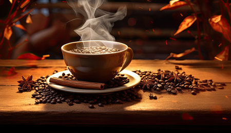 coffee mug beautiful steam with coffee beansの素材