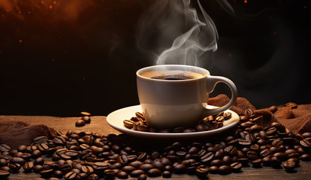 coffee mug beautiful steam with coffee beansの素材