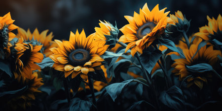 sunflowers closeup on black backgroundの素材