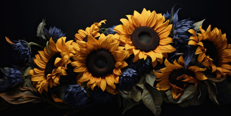 sunflowers closeup on black backgroundの素材