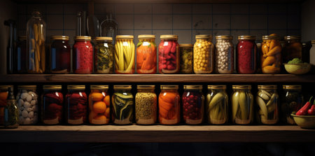 vegetables on the wooden table in jarsの素材