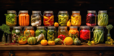 vegetables on the wooden table in jarsの素材