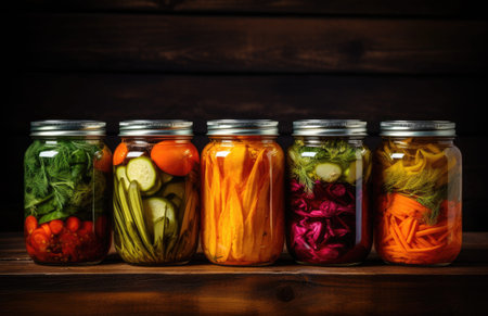 jars filled with pickles and vegetables deliciousの素材
