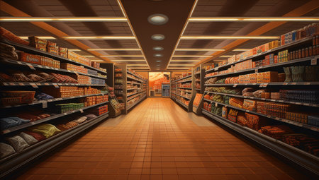 supermarkets with endless rows of foodの素材