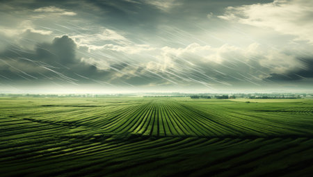 the fields row in front of a sunsetの素材