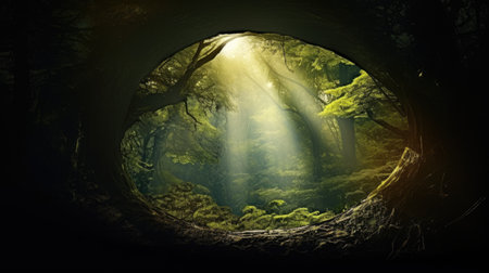 tree trunk with sunlight through forestの素材