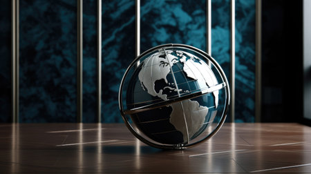 blue globe on a metal tableの素材