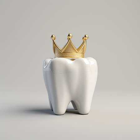 White tooth with small golden crown. White background.の素材