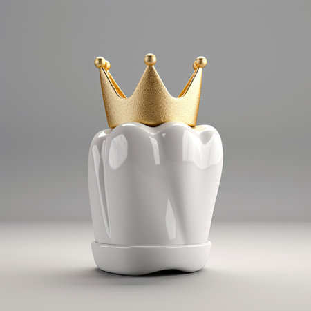 White tooth with small golden crown. White background.の素材