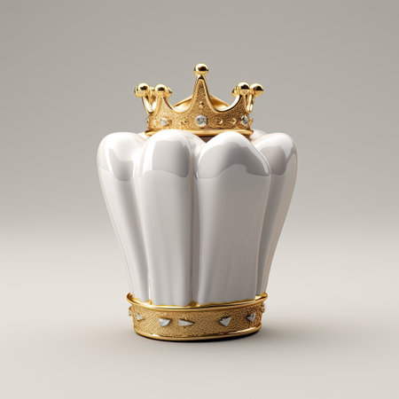 White tooth with small golden crown. White background.の素材