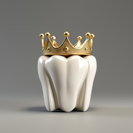 White tooth with small golden crown. White background.の素材