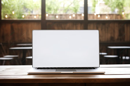 Computer laptop over blurred group of people at coffee shopの素材