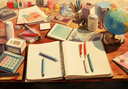 open notebook and several school suppliesの素材