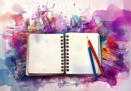 open notebook and several school suppliesの素材