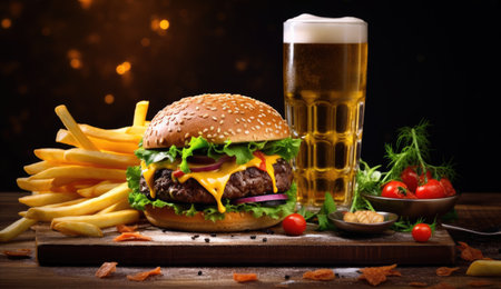 cheeseburger and fries is next to a beerの素材