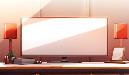 tv screen on desk with white screenの素材